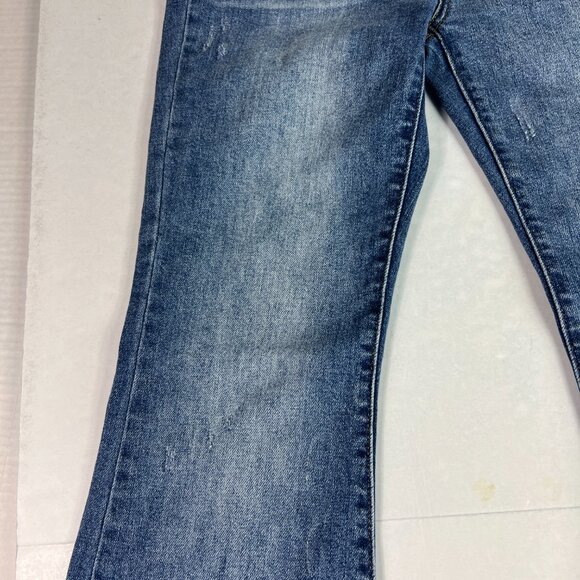 Risen Jeans Women 30x28* High Rise Flare Blue Faded Stretch Raw Hem Denim Tag 29 - Picture 4 of 16